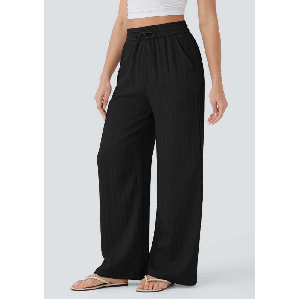Halara High Waisted Drawstring Pocket Wide Leg Casual Linen- Small Tall - Picture 3 of 7